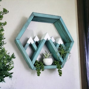 Hexagon Mountain Shelf, Hanging Mountain Shelf, Geometric Wall Hanging, Geometric Shelves, Wood Wall Decor, Nature Lover Gift, Camping Gift