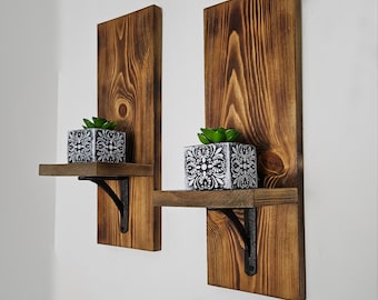 Rustic Wood Wall Sconce Shelf, Small Plant Display (Set of 2)