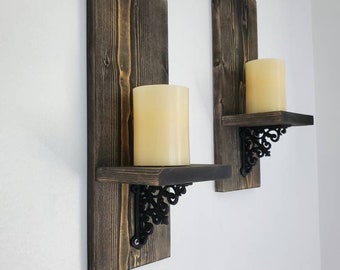 Ensemble d'appliques murales en bois rustique fait main, bougeoir de ferme