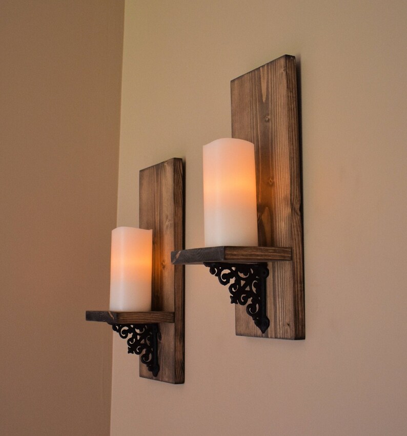 Rustic Candle Sconce Wall Sconce Pair Small Wooden Shelves Etsy