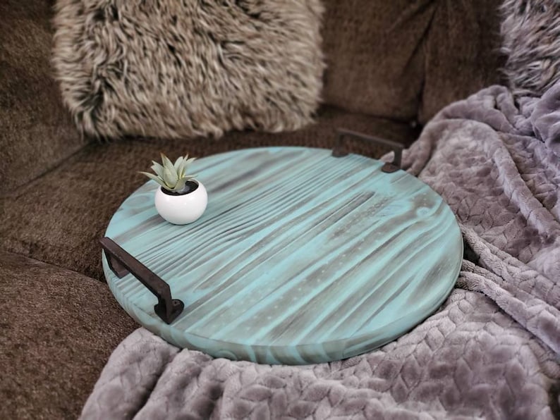 Rustic Wooden Ottoman Tray Round Serving Tray Circular Tray Etsy