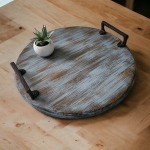 Rustic Wooden Serving Tray, Ottoman Tray, Breakfast Tray, Round Wooden Tray, Tray for Coffee Table, Round Serving Tray, Christmas Gift image 2