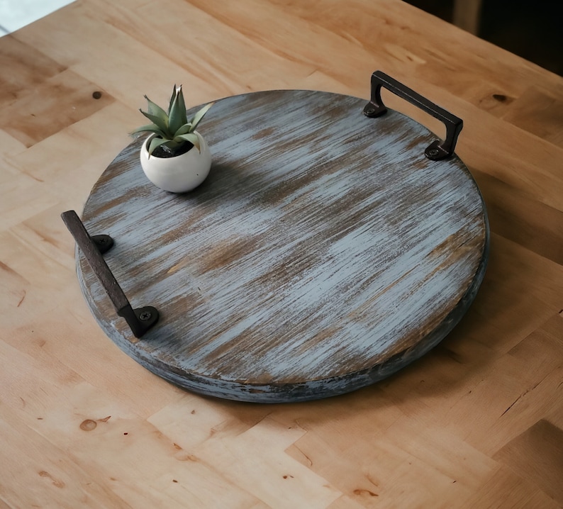 Rustic Wooden Serving Tray, Ottoman Tray, Breakfast Tray, Round Wooden Tray, Tray for Coffee Table, Round Serving Tray, Christmas Gift image 2