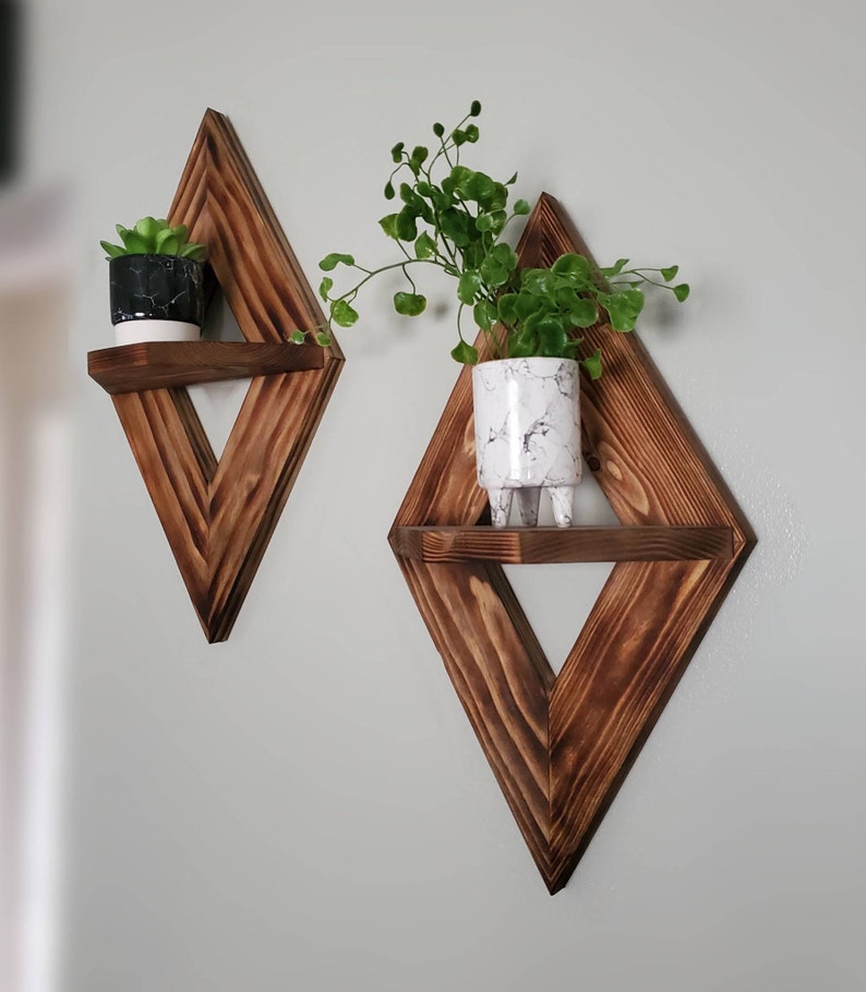 Wooden Display Shelf Set of 2, Geometric Shelf, Hanging Shelf, Floating Shelves, Modern Shelf, Diamond Shelf, Housewarming Gift, Diamond image 1