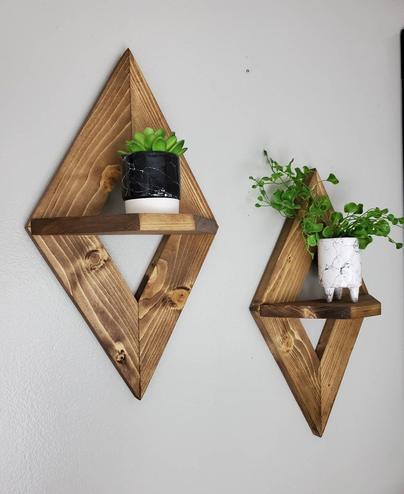 Wooden Display Shelf Set of 2, Geometric Shelf, Hanging Shelf, Floating Shelves, Modern Shelf, Diamond Shelf, Housewarming Gift, Diamond image 3