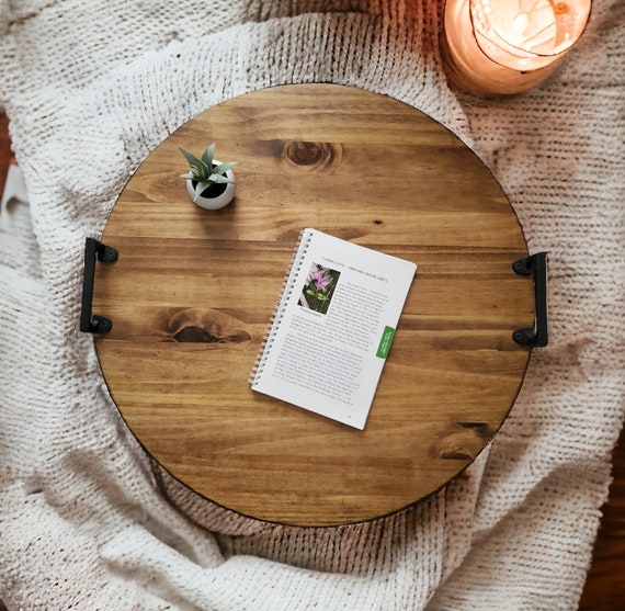 Round wood serving tray with clearance handles