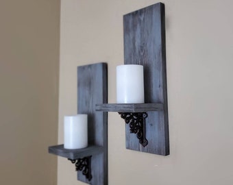 Rustic Wooden Wall Sconce Pair, Decorative Shelves, Candle Holder