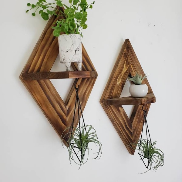 Geometric Diamond Wood Shelf with Air Plant Holder, Boho Wall Decor