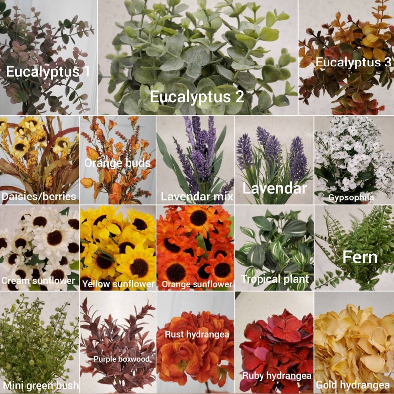 Puede incluir: Un collage de 15 tipos diferentes de vegetaci&oacute;n y flores artificiales, incluyendo eucalipto, lavanda, girasoles, hortensias y helechos. Los nombres de cada tipo de vegetaci&oacute;n est&aacute;n etiquetados debajo de cada imagen.