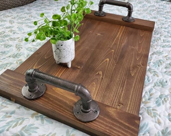 Handmade Rustic Wood Serving Tray with Metal Handles