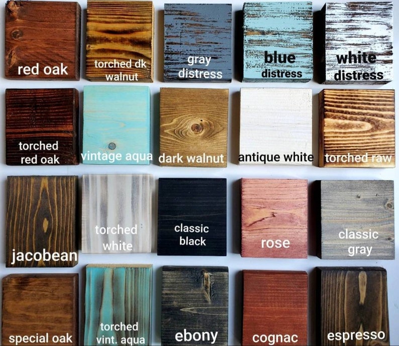 Puede incluir: Una tabla de 18 colores de tinte para madera diferentes, incluyendo roble rojo, nogal quemado, gris desgastado, azul desgastado, blanco desgastado, roble rojo quemado, aqua vintage, nogal oscuro, blanco antiguo, crudo quemado, jacobean, blanco quemado, negro cl&aacute;sico, rosa, gris cl&aacute;sico, roble especial, aqua vintage quemado, &eacute;bano, co&ntilde;ac y espresso.