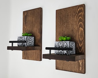 Rustic Wooden Wall Shelves Set of 2, Floating Farmhouse Shelves with Metal Ledge, Bathroom Shelf, Kitchen Wall Decor, Handmade Wood Shelves