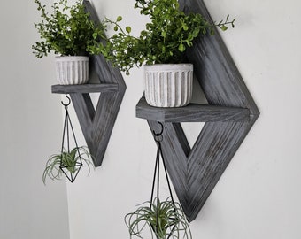 Geometric Wall Shelves Set of 2, Wooden Wall Planters, Air Plant Wall Decor, Rustic Farmhouse Shelves, Boho Wall Decor, Hanging Plant Holder