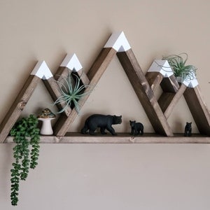 Wooden 5-Peak Mountain Shelf, Rustic Wooden Shelves, Geometric Shelves, Nursery Wall Art, Nursery Shelves, Mountain Wall Decor, Camping Gift image 1