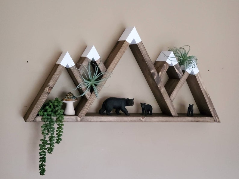 Wooden 5-Peak Mountain Shelf, Rustic Wooden Shelves, Geometric Shelves, Nursery Wall Art, Nursery Shelves, Mountain Wall Decor, Camping Gift image 1