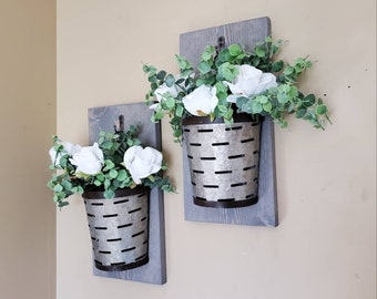 Gift for Her, Hanging Wall Planter, Galvanized Bucket, Farmhouse Wall Decor, Wall Bucket, Wall Decor, Floral Wall Decor, Metal Bucket