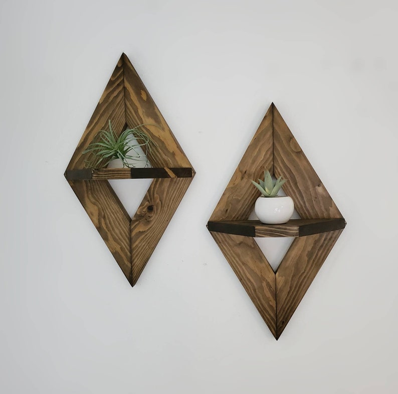 Wooden Display Shelf Set of 2, Geometric Shelf, Hanging Shelf, Floating Shelves, Modern Shelf, Diamond Shelf, Housewarming Gift, Diamond image 7