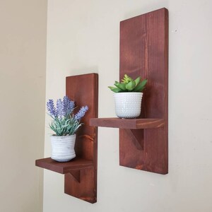 Puede incluir: Dos estantes de pared de madera con un tinte marr&oacute;n oscuro. Los estantes est&aacute;n montados en una pared blanca. El estante m&aacute;s peque&ntilde;o tiene una peque&ntilde;a planta en maceta con flores moradas. El estante m&aacute;s grande tiene una peque&ntilde;a planta suculenta en maceta.