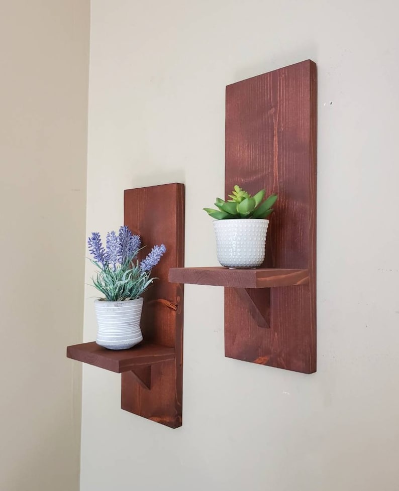 Puede incluir: Dos estantes de pared de madera con un tinte marr&oacute;n oscuro. Los estantes est&aacute;n montados en una pared blanca. El estante m&aacute;s peque&ntilde;o tiene una peque&ntilde;a planta en maceta con flores moradas. El estante m&aacute;s grande tiene una peque&ntilde;a planta suculenta en maceta.