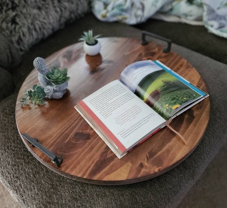 Rustic Wooden Serving Tray, Ottoman Tray, Breakfast Tray, Round Wooden Tray, Tray for Coffee Table, Round Serving Tray, Christmas Gift image 5