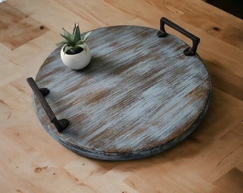 Handmade Round Wooden Serving Tray with Handles, Ottoman Tray