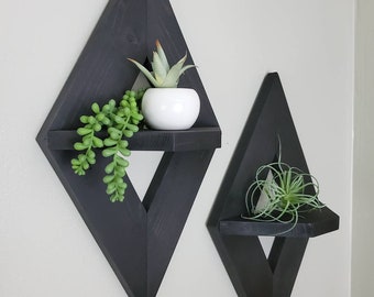 Diamond Wall Shelves Set of 2, Geometric Wooden Wall Decor, Diamond Shaped Shelves, Rustic Farmhouse Wall Decor, Boho Wood Shelves