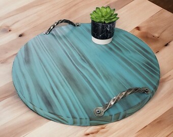 Handmade Round Wooden Tray with Handles, Coastal Decor