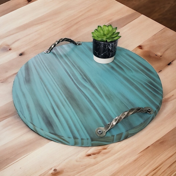 Handmade Round Wooden Tray with Handles, Coastal Decor