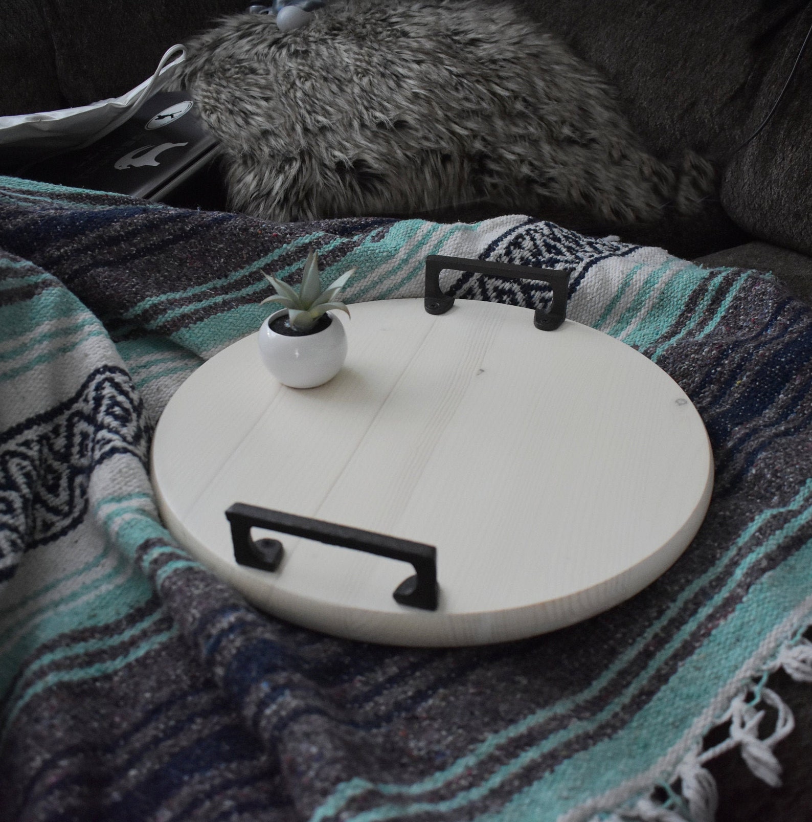 Rustic Wooden Ottoman Tray Round Serving Tray Circular Tray Etsy