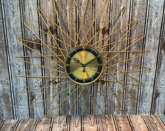 Vintage 1950s Midcentury MCM Metal Welby Starburst Wall Clock Made