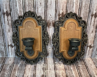 Set of 2 Syroco 4109, Goth Medieval Wall Sconce, Resin Wall Hanging Candelabra, 1971, Victorian Black Taper Candle Holder, Candle Sconce