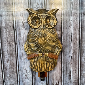 May include: A wall-mounted owl carving featuring dark brown and golden-yellow wood tones. The owl has large, circular eyes, detailed feather textures, and is perched on a horizontal branch. A small metal hook extends from the bottom of the piece.
