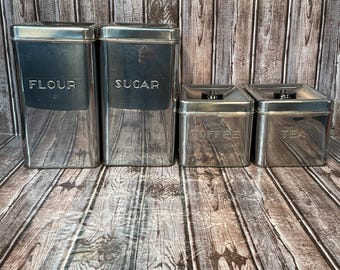 Vintage Garner Ware Stainless Metal Canister Set Of Four, Flour, Sugar, Tea, Coffee