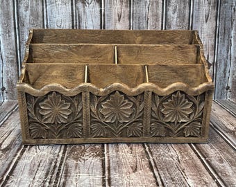 古い棚　手紙入れ Vintage Wooden Wall Mail / Letter / Bill Organizer With Key Hooks