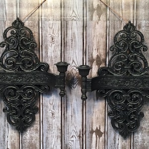 Set of 2 Syroco 4070, Goth Medieval Wall Sconce, Resin Wall Hanging Candelabra, 1969, Victorian Black Taper Candle Holder, Candle Sconce