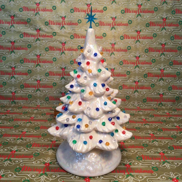 10” Vintage Ceramic Christmas Tree, Lighted Christmas Tree With Multi Colored Lights