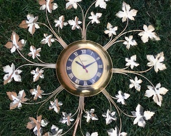 Vintage United Clock Company Gold Leaf Clock, Brass LeafClock, Brass Clock, Tested Working, 24 Inches
