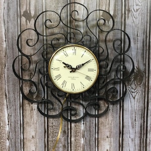 1950s Electric Wall Clock, G.E. Telechron Model 2H60, Black Metal, Mcm, Midcentury, Kitchen Wall Clock, Scroll Design, 12 Inches