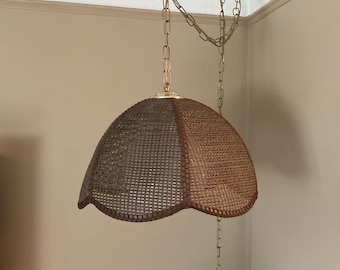 Vintage 1970s MCM Hanging Caned Ratan Swag Lamp, Wicker Swag Light