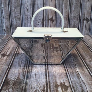 Vintage 1950s Woven Metal Purse With Plastic Lid And Handle, Basket Weave Metal Purse, Handbag