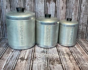 Vintage Kromex aluminiumburkset set om tre, socker, kaffe, te