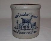 Rowe Pottery Works - Rowe Store Building Cambridge Wisconsin - Utensil Spoon Crock - Date Stamp 1992 - Salt Glaze Pottery Blue Glaze Accents