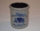 Rowe Pottery Works - Cape Cod - Mini Utensil Spoon Crock - Heart - Cambridge WI - Date Stamp 1994 - Salt Glaze Pottery - Blue Glaze Accents