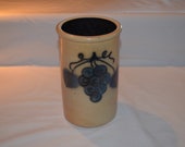 Shadow Lawn Stoneware Pottery - Wine Bottle Crock with Grapes - Delavan WI - Similar to Rowe Pottery - Salt Glaze Pottery - Blue Accents