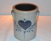 Rockdale Union Stoneware - Heart Tall Utensil Crock - Canister - Crock - Cambridge WI - Date Stamp 1987 - Handmade Pottery - Blue Glaze