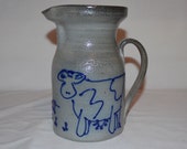 Salmon Falls Pottery - Whimsical Cow - Stoneware Pitcher Jug with Handle - Dover NH - Salt Glaze Pottery - Gray Pottery - Raised Blue Glaze