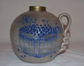 Salmon Falls Pottery - Oil Lantern Base ONLY - Berry Basket - Pottery Stoneware - Dover NH - Salt Glaze Gray Pottery with Raised Blue Glaze