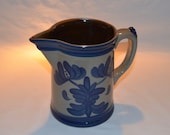 Beaumont Brothers Pottery - Cream Pitcher with Handle - 1996 Crooksville OH - Handpainted Floral Design - Gray with Blue Accents