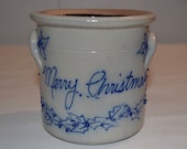 Salmon Falls Pottery - 1994 Merry Christmas Utensil Spoon Crock - Dover NH - Salt Glaze Pottery - Gray with Raised Blue Letters Holly Ivy