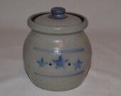 Rowe Pottery Works - STAR Pattern - Small Jar Pot with Lid - Cambridge WI - Date Stamp 1996 - Salt Glaze Pottery - Blue Glaze Accents